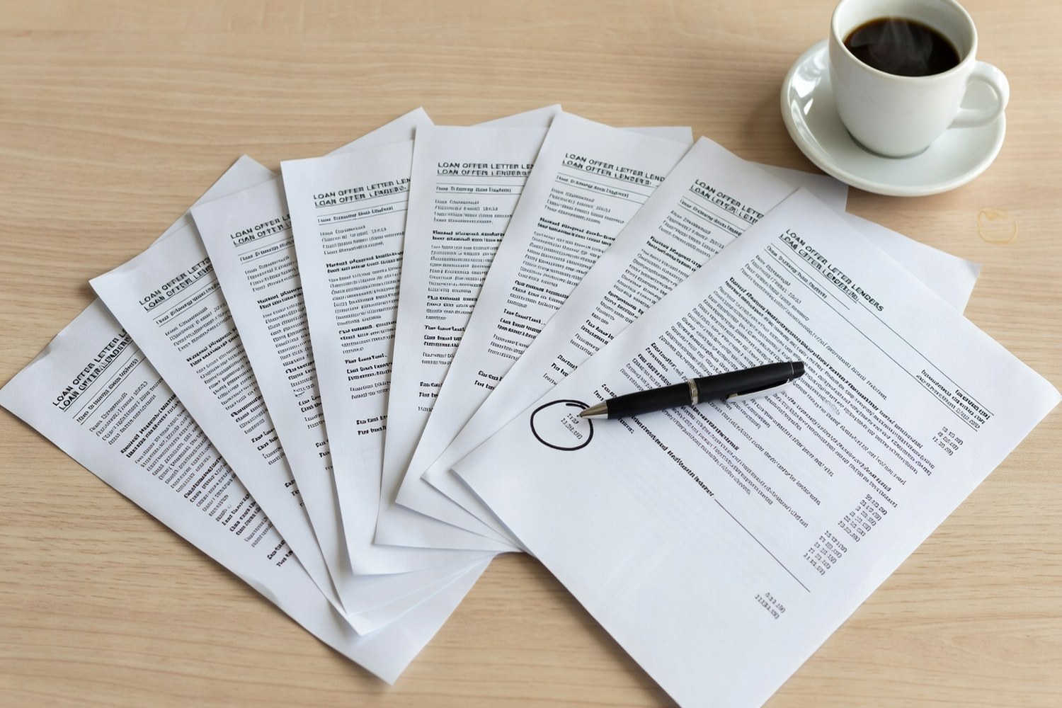 Printed loan offer letters from different lenders spread on desk for comparison