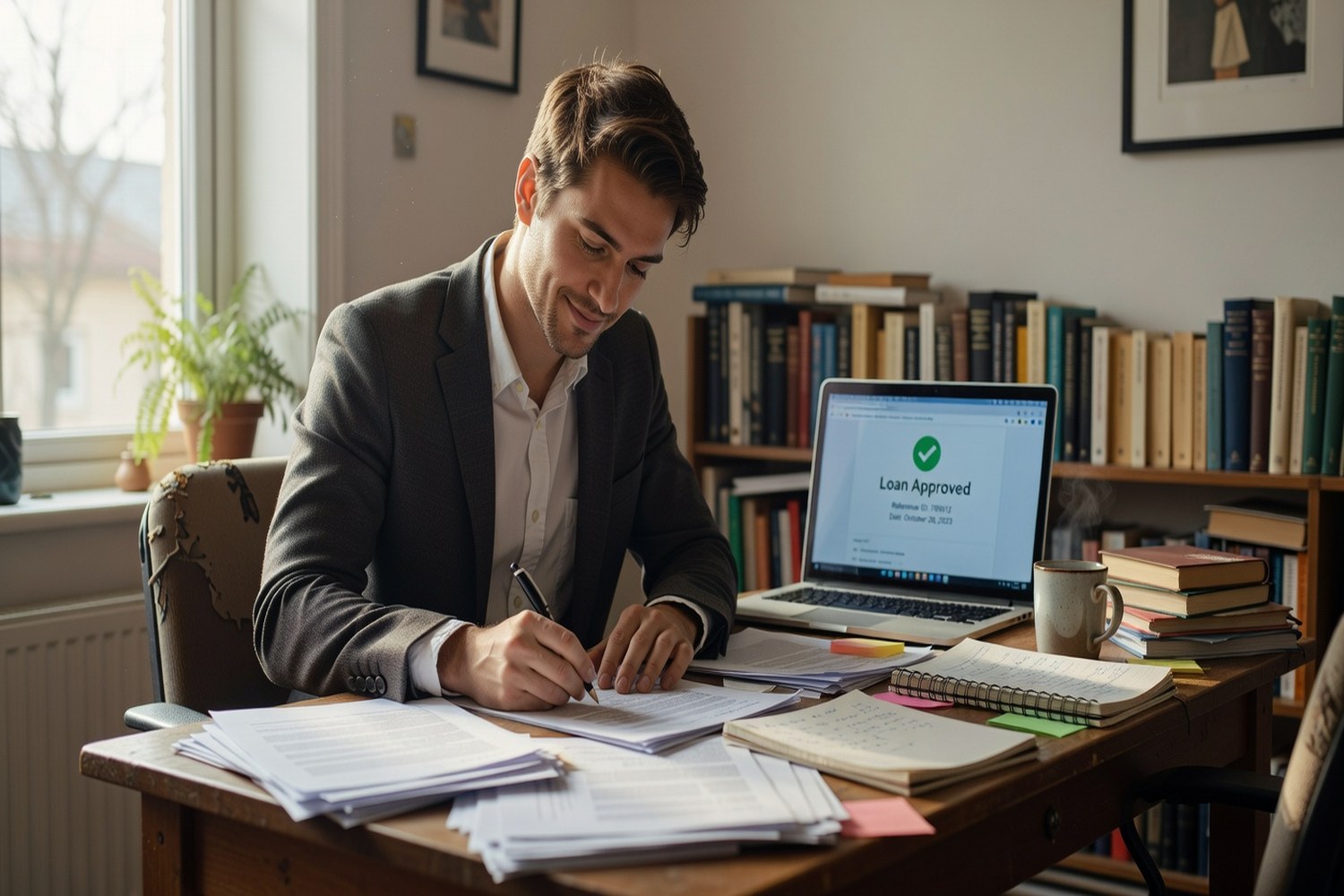 Young professional signing a personal loan document at home office