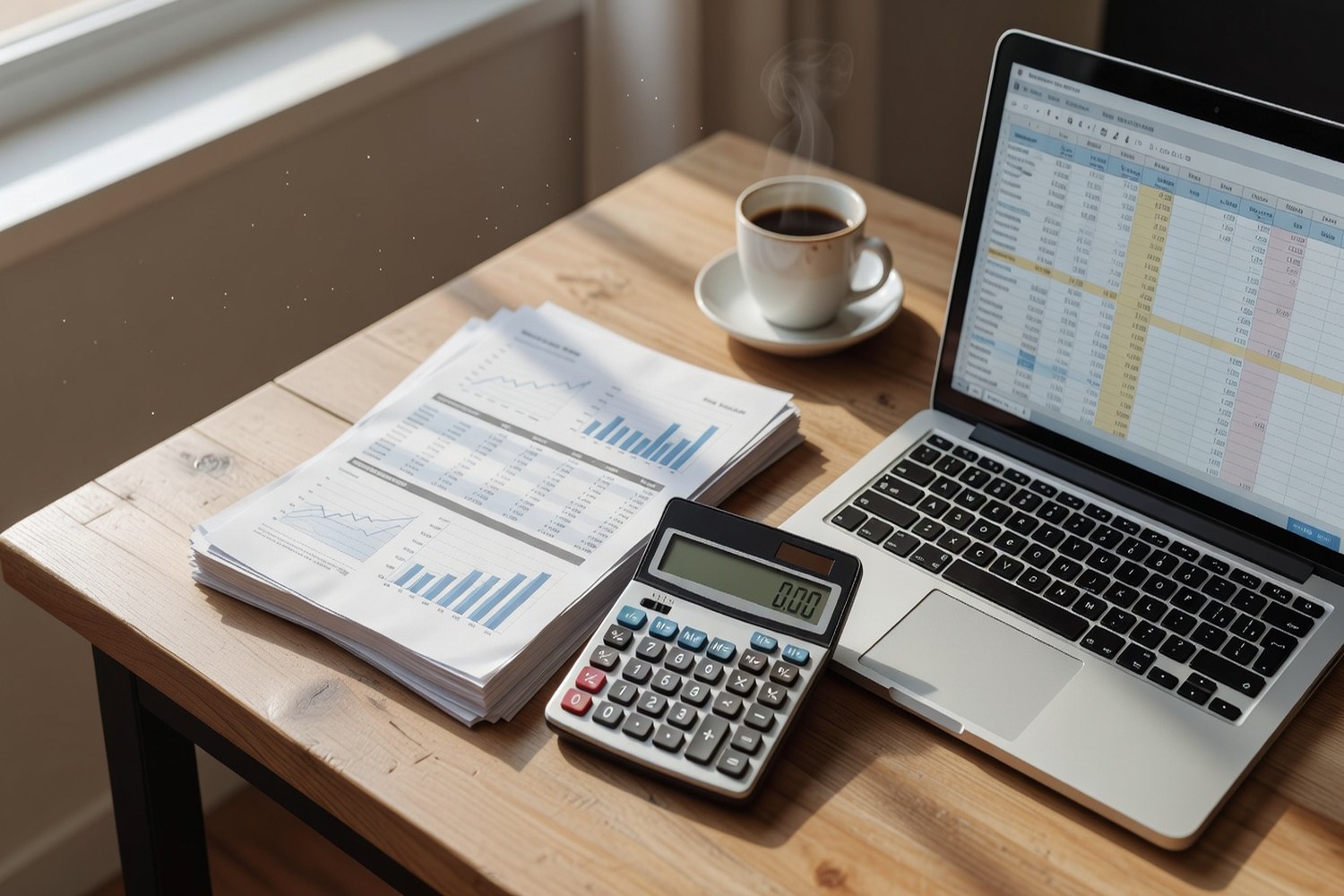 Financial statements and calculator representing 150000 dollar business loan rate comparison