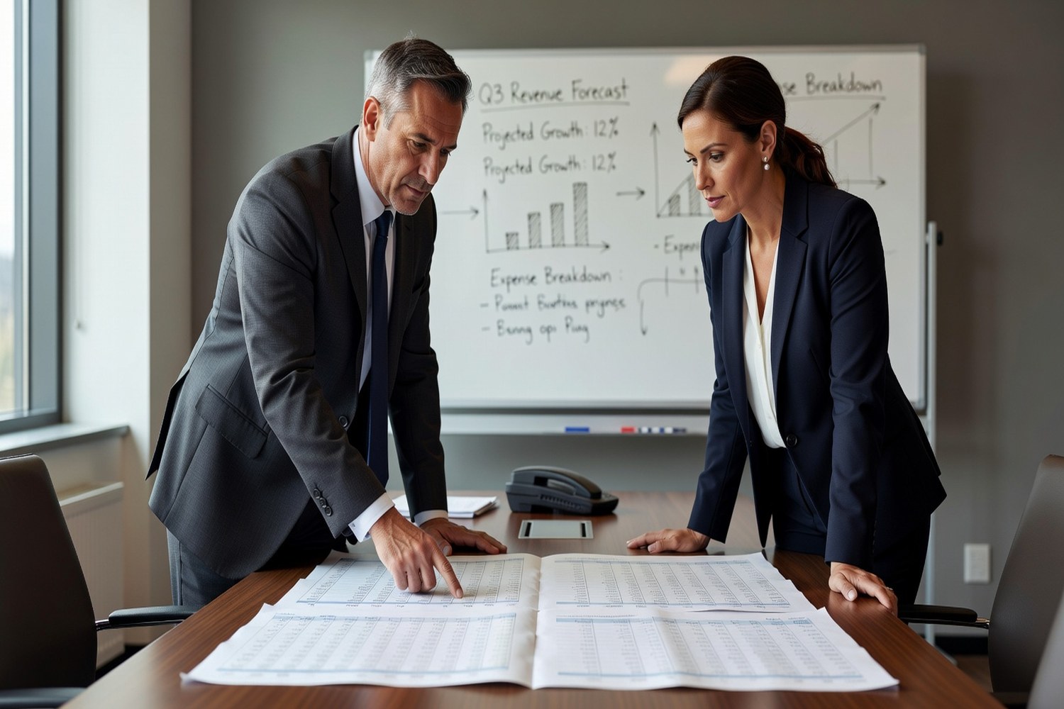 Professionals reviewing loan terms and financial projections for a 300000 dollar business loan