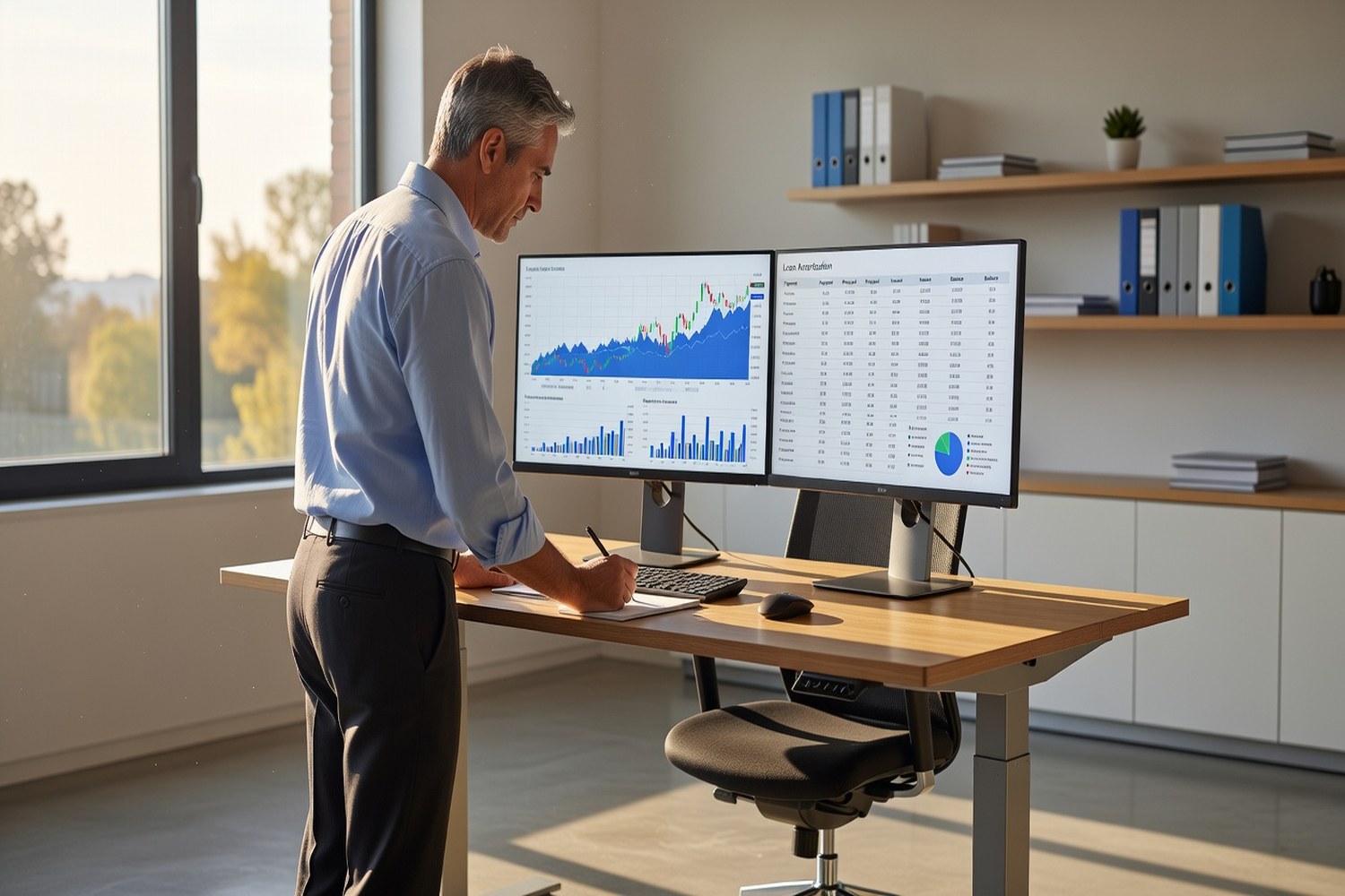 Accountant reviewing amortization schedules for a 350000 dollar business loan comparison