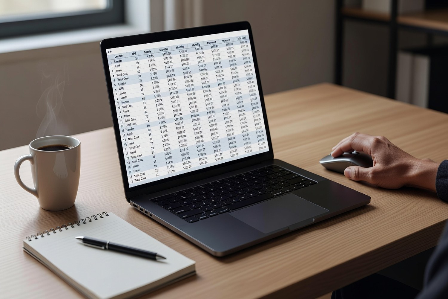 Loan comparison spreadsheet on laptop representing 450000 dollar business loan rate shopping