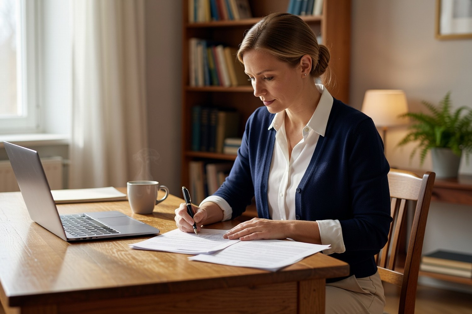 Woman signing personal loan documents at home office desk