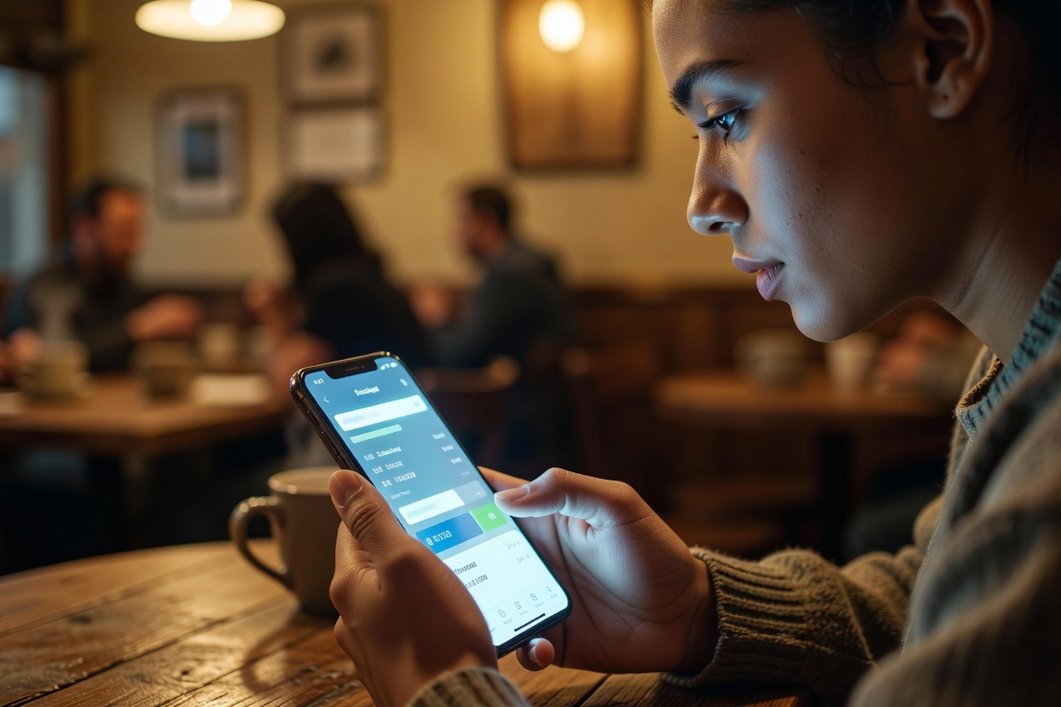 Person comparing personal loan rates on smartphone banking app in cafe