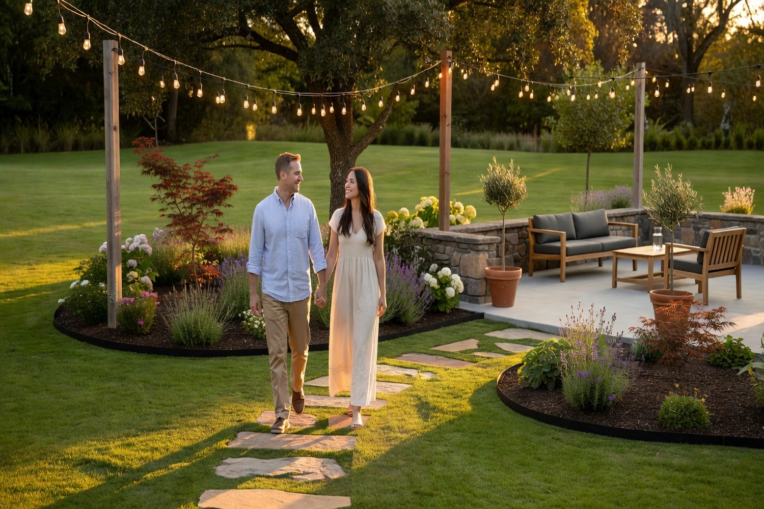 Couple in renovated backyard representing home improvement financing with 800 credit score personal loan