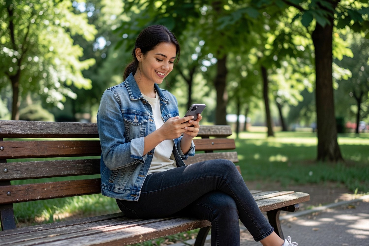 Woman checking improved credit score on phone after responsible credit card use