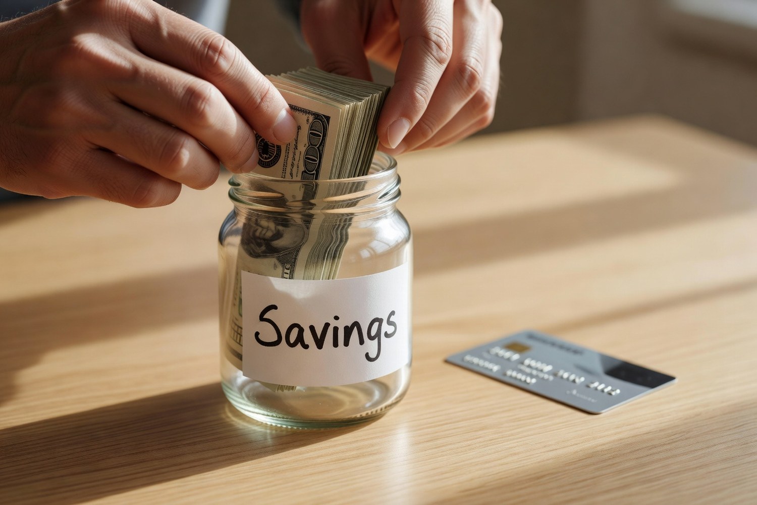 Security deposit savings for secured credit card next to credit card on table