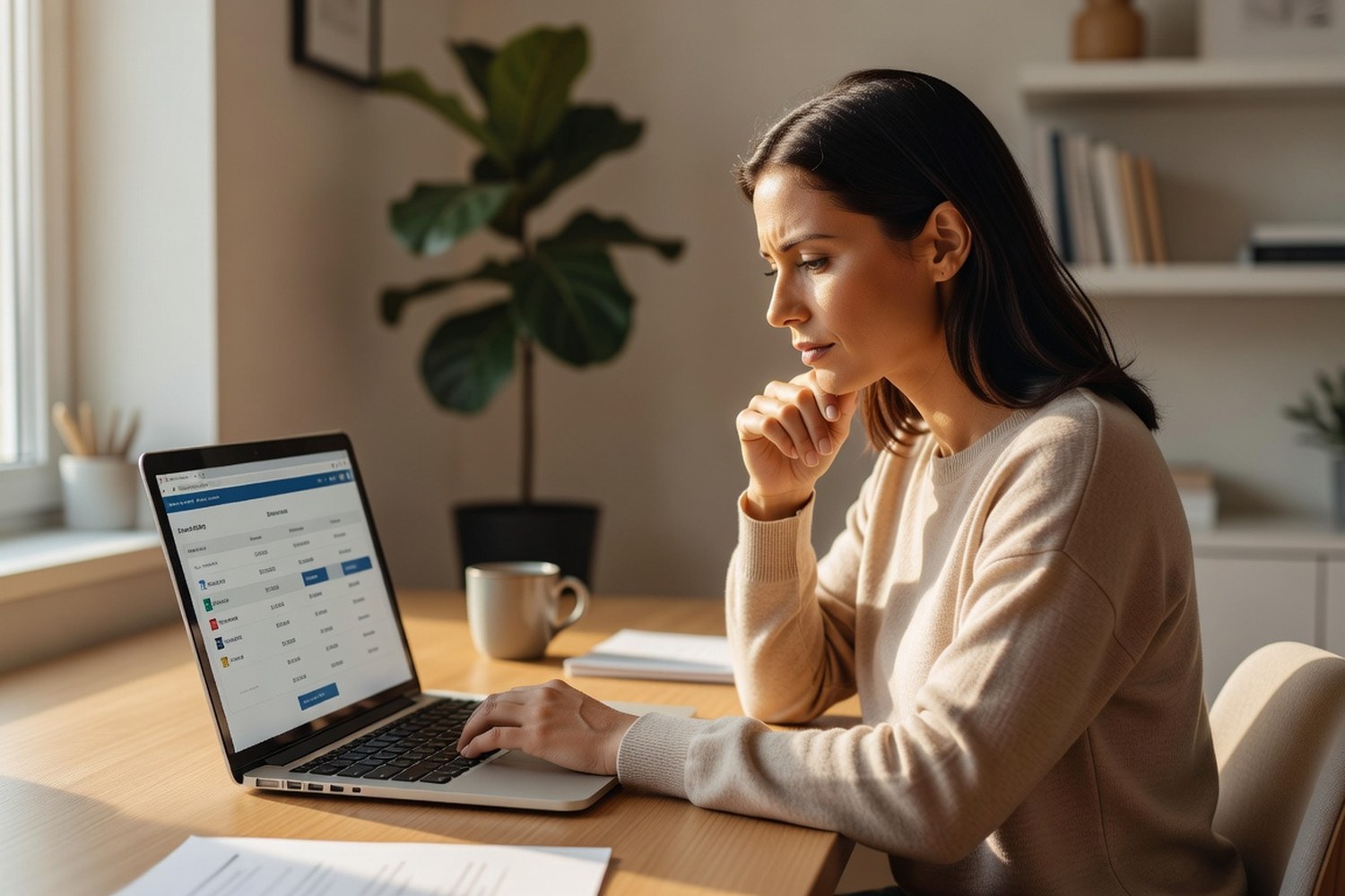 Woman comparing balance transfer credit card offers on laptop at home desk