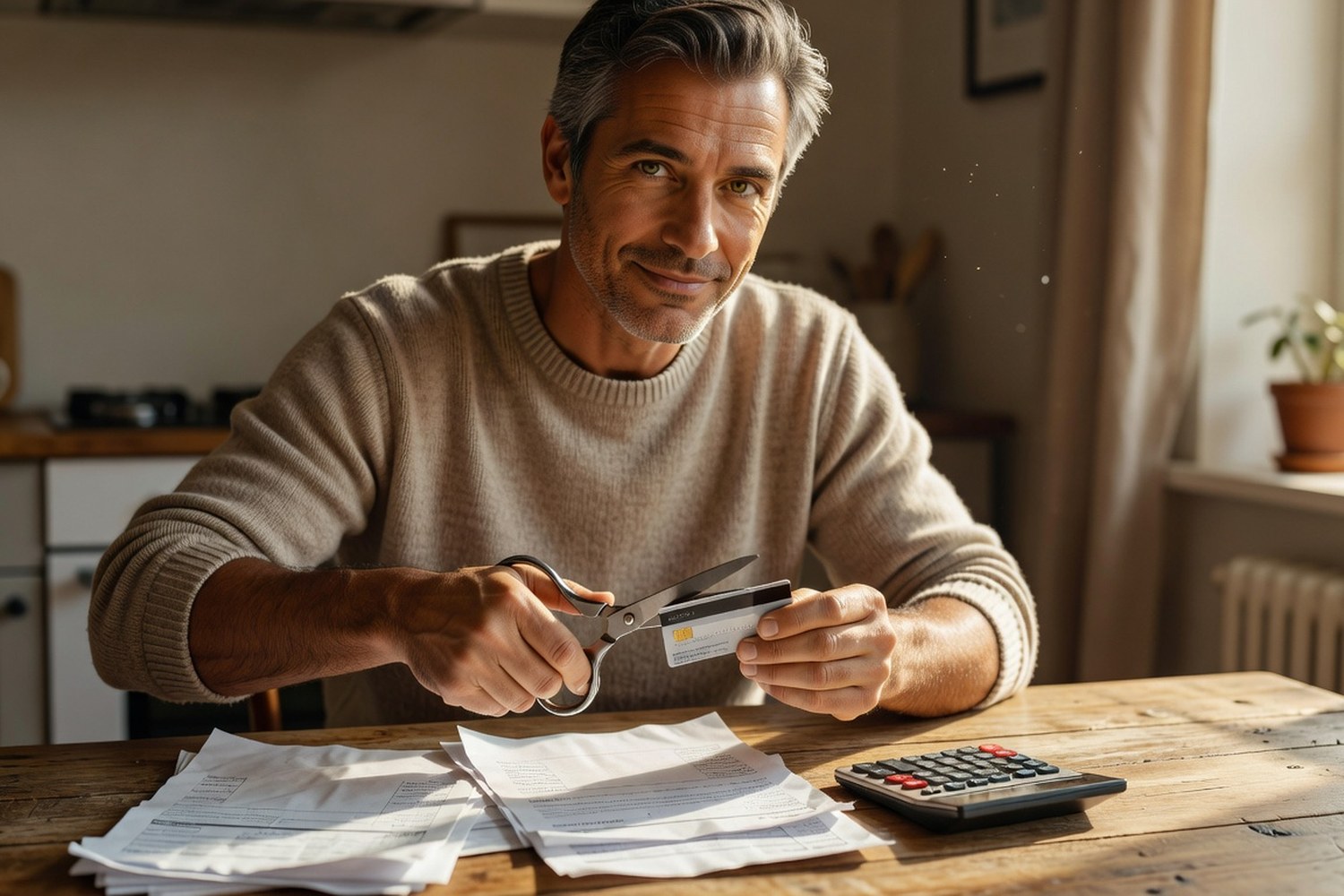 Man cutting up old credit card after consolidating debt with balance transfer