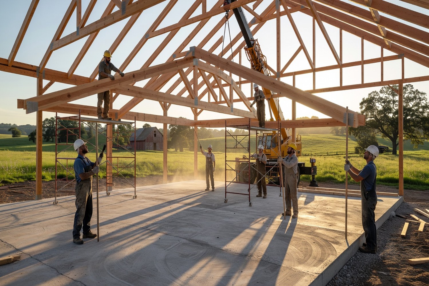 Barn construction with truss installation representing barn building costs and financing