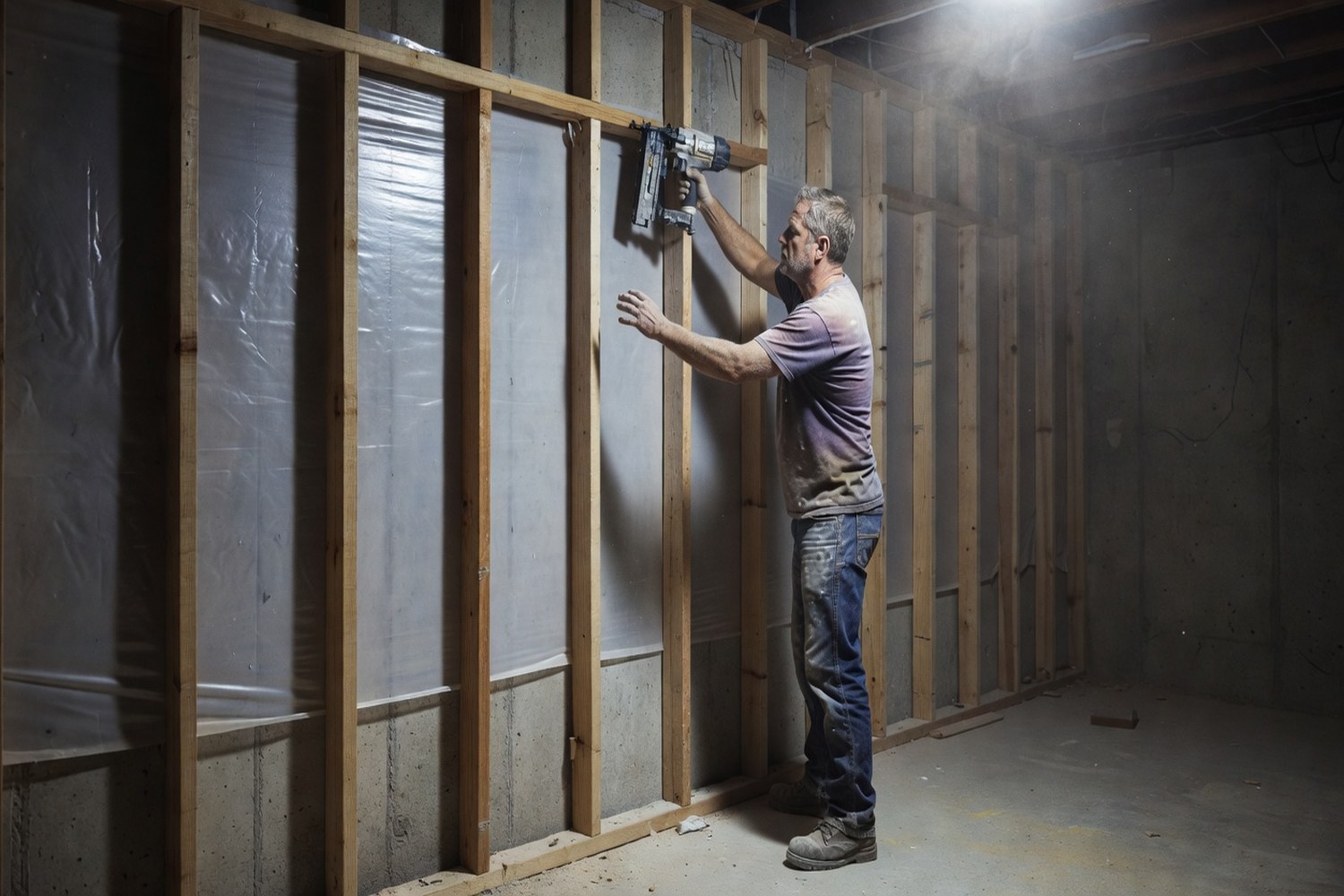 Basement wall framing during renovation representing project costs covered by financing