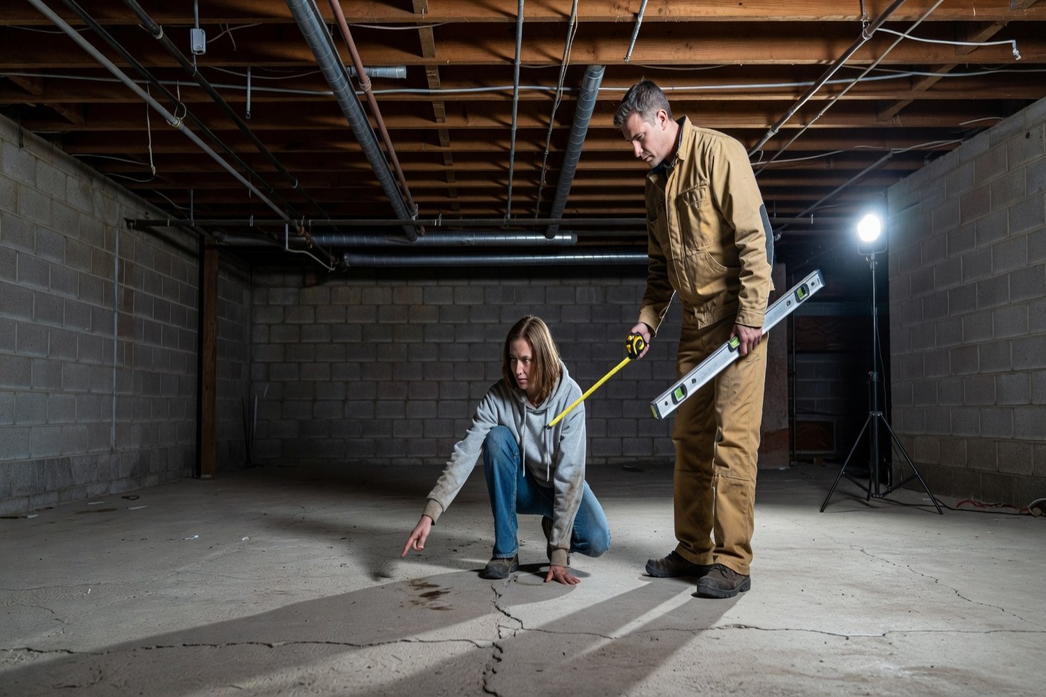 Homeowner and contractor planning basement renovation funded by remodel financing