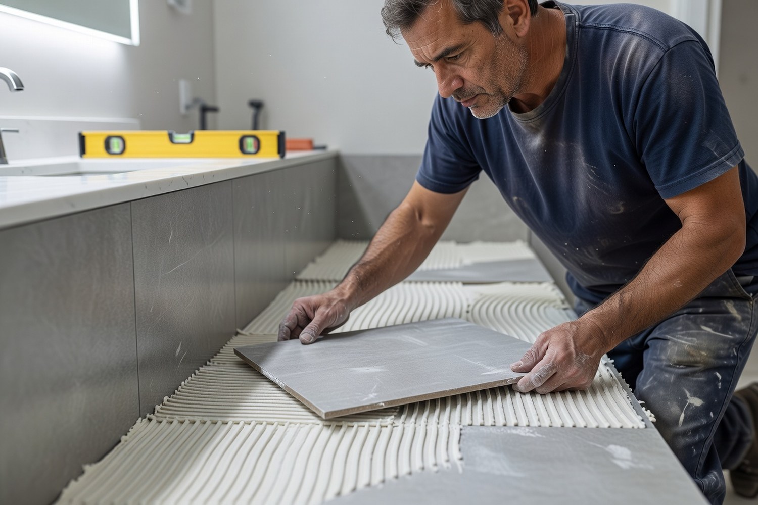Tile installation during bathroom remodel representing project costs covered by financing