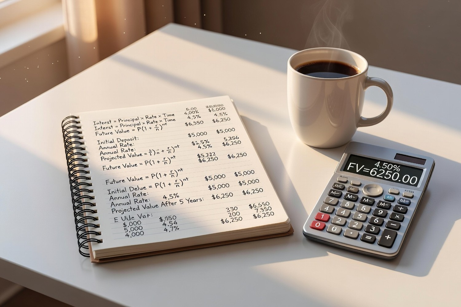 Financial interest rate calculations notebook with calculator for CD rate comparison
