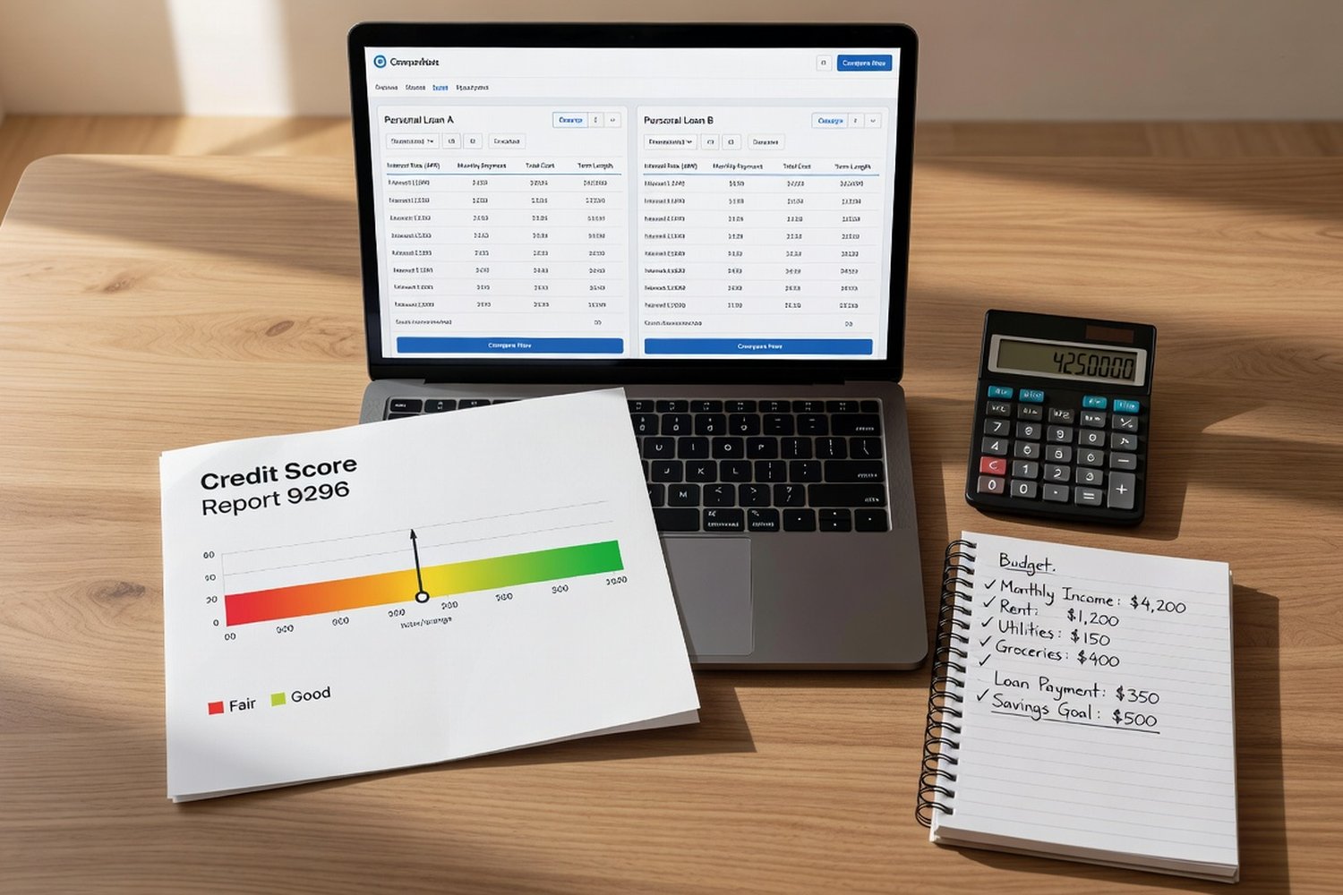 Desk workspace with loan comparison and credit score report