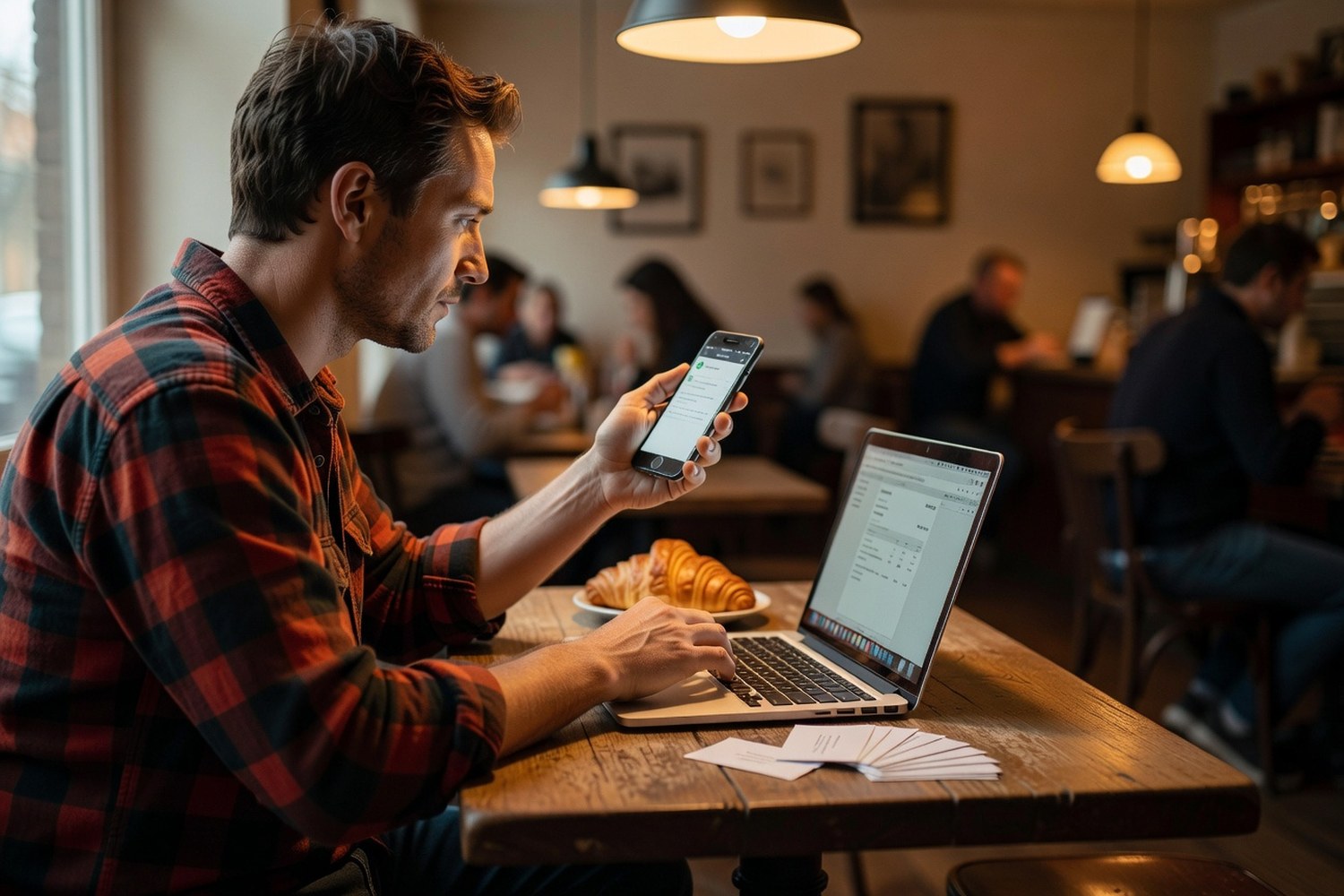 Freelancer using mobile banking at a cafe representing Bluevine business checking features