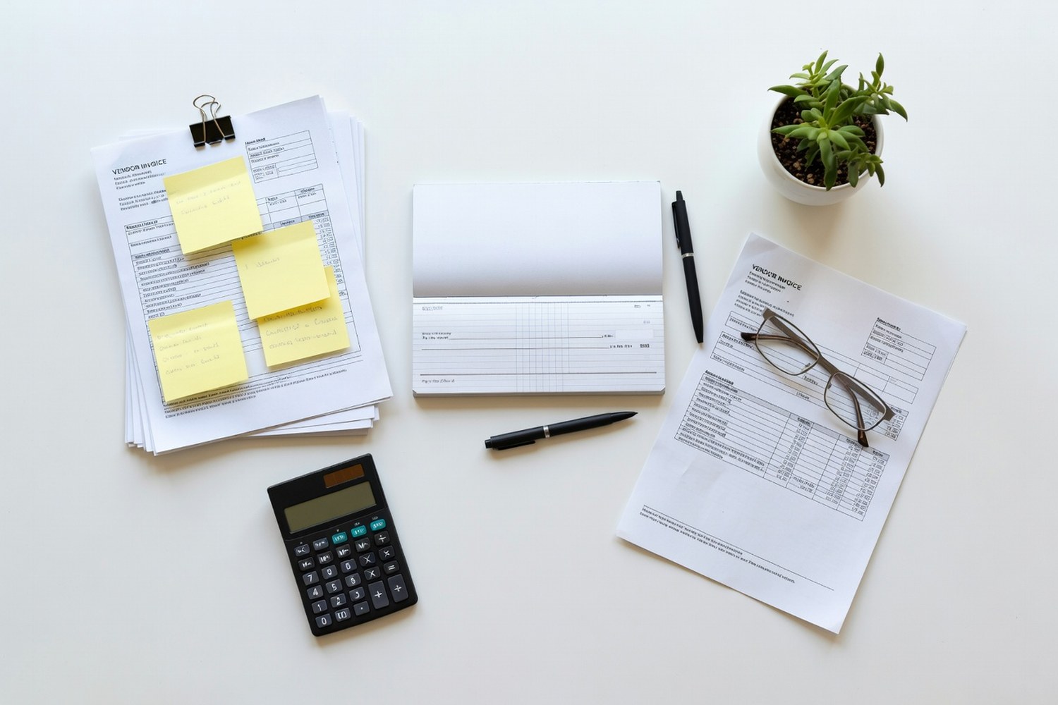 Business desk with checkbook and invoices representing Bluevine business checking and bill pay features