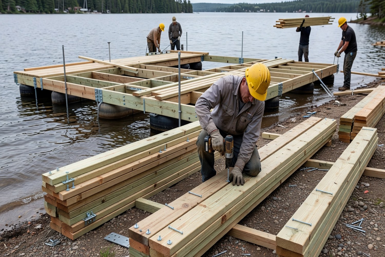 Dock construction crew building a new floating dock representing boat dock financing costs