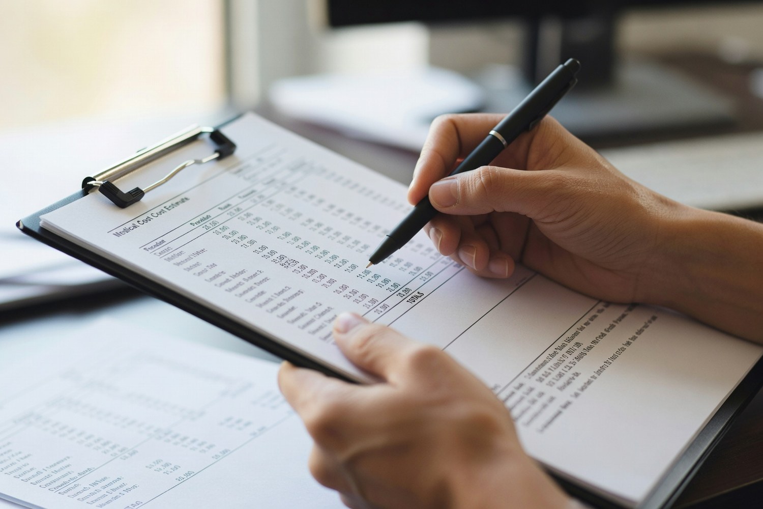 Person reviewing itemized cosmetic procedure cost estimate for breast augmentation