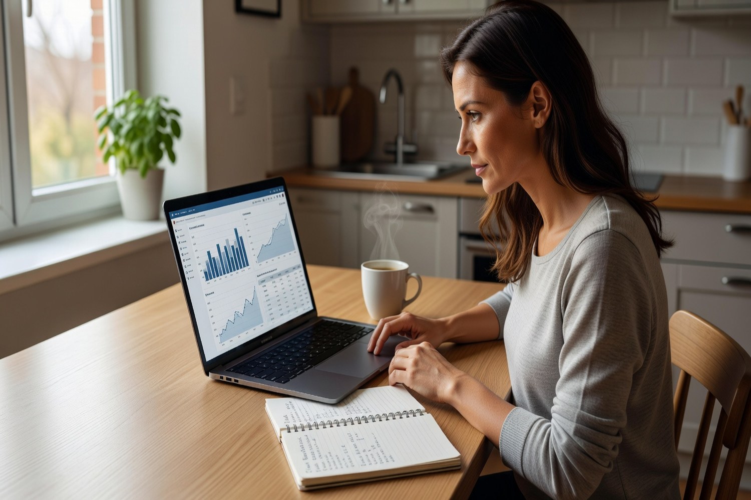 Woman planning budget for breast augmentation financing at kitchen table