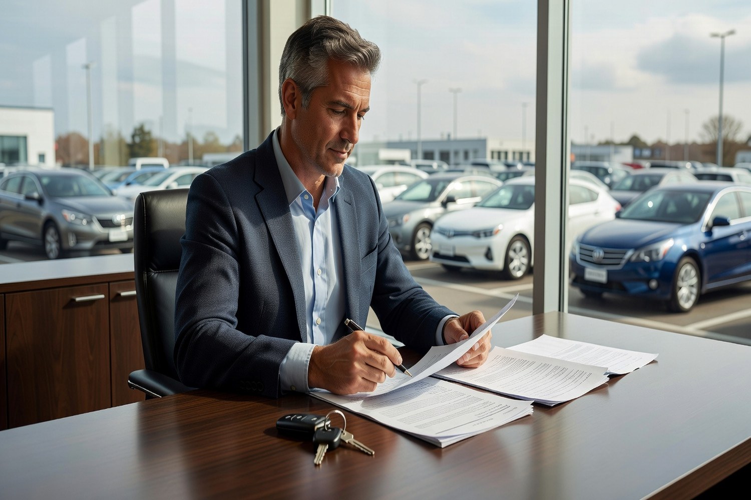 Business owner reviewing commercial auto loan terms and rates at dealership