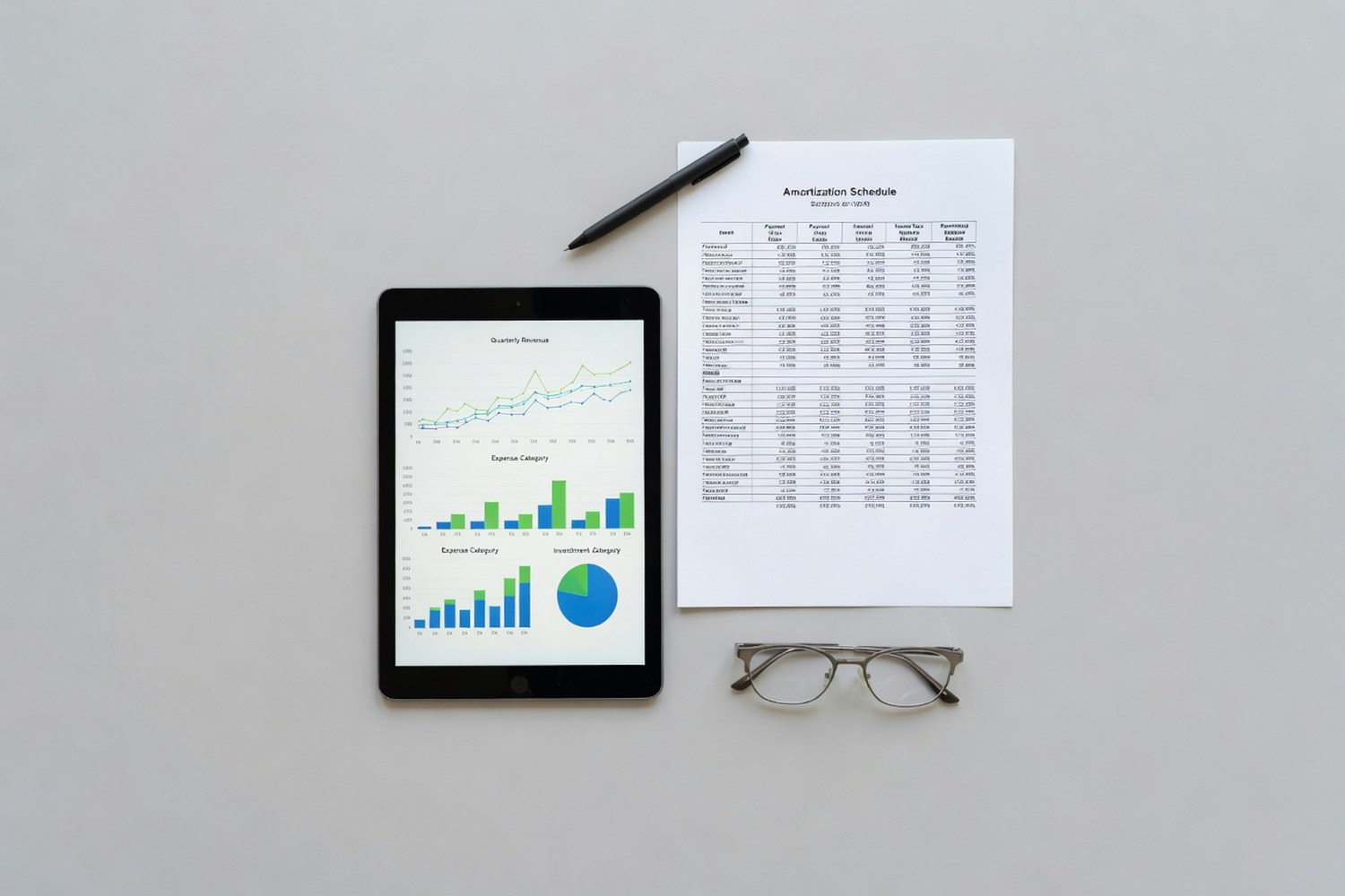 Tablet showing business loan amortization schedule and financial charts