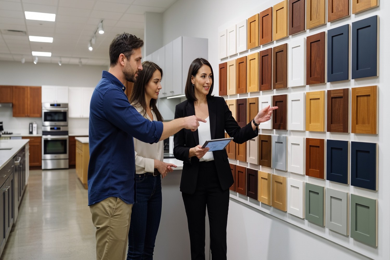 Couple selecting kitchen cabinets in a showroom while considering financing options