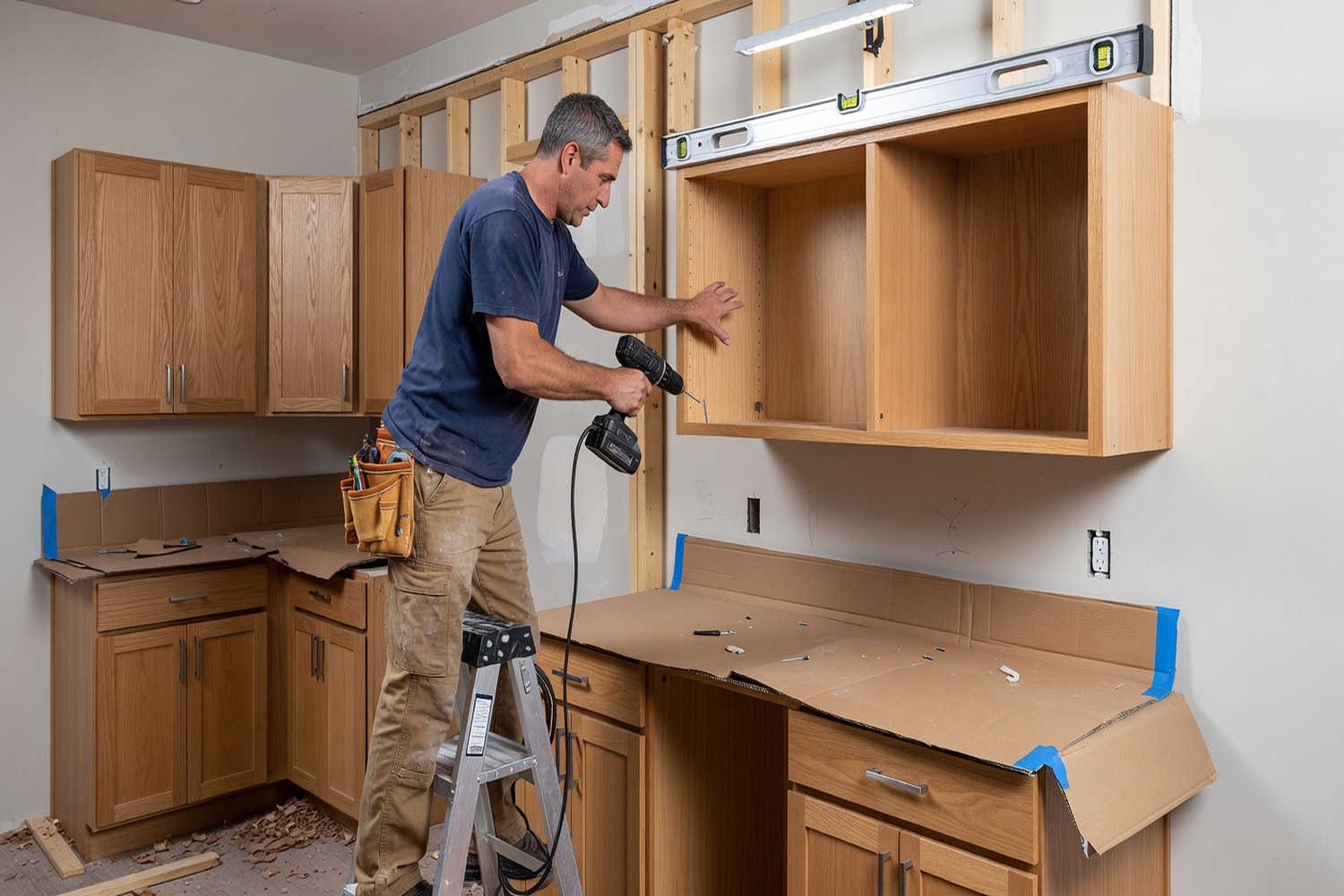 Cabinet installer mounting upper kitchen cabinets representing cabinet financing costs