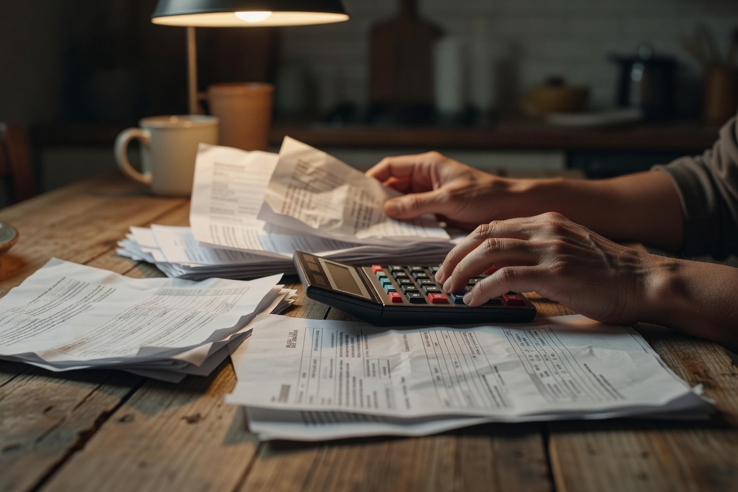 Calculator and financial documents used to determine debt-to-income ratio