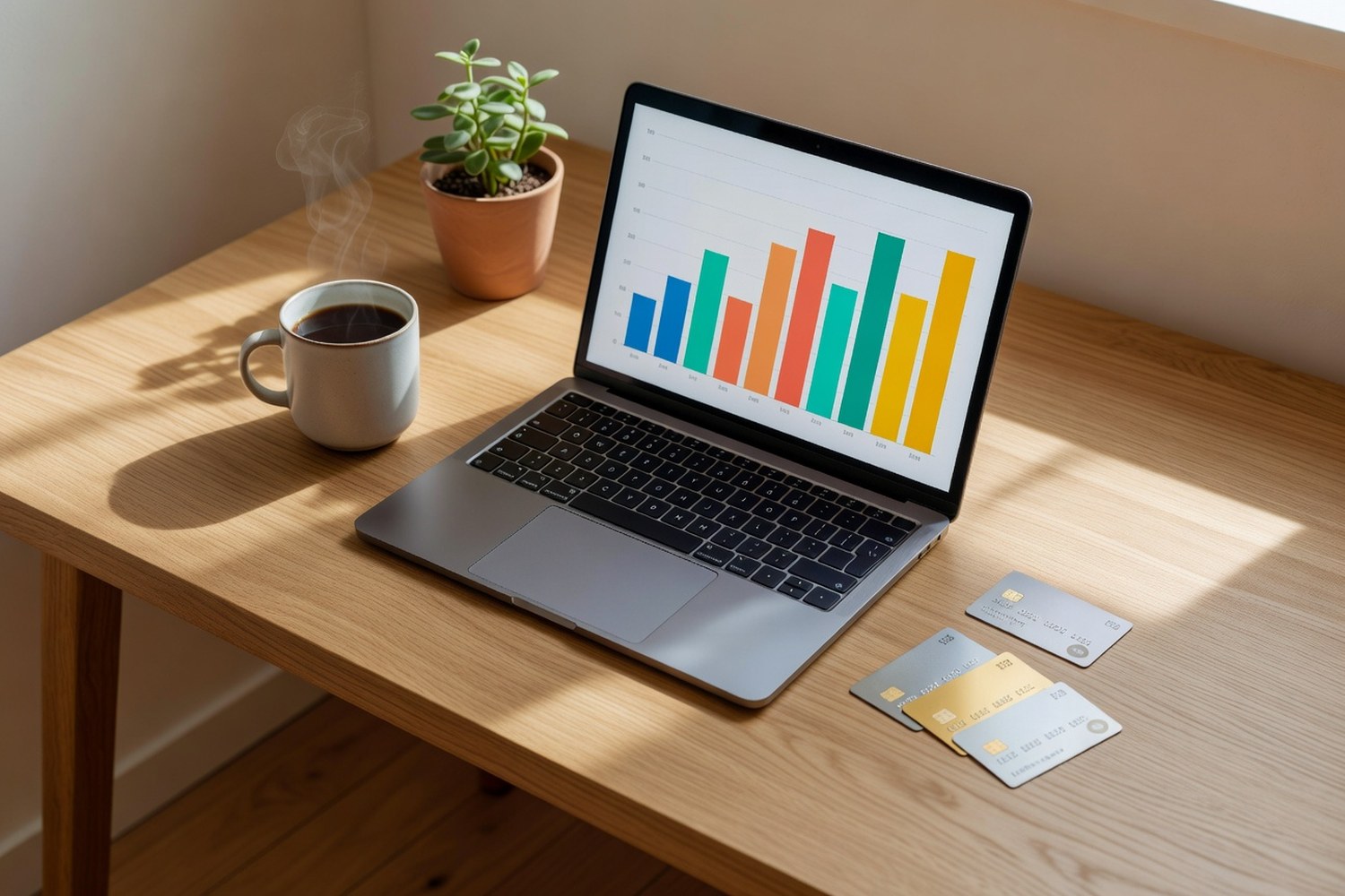 Credit cards and laptop on desk comparing cash back reward categories
