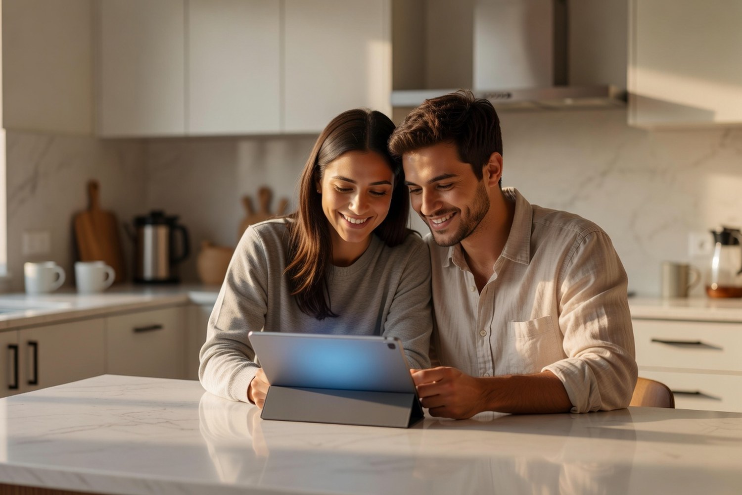Couple reviewing cash back credit card rewards strategy on tablet at home
