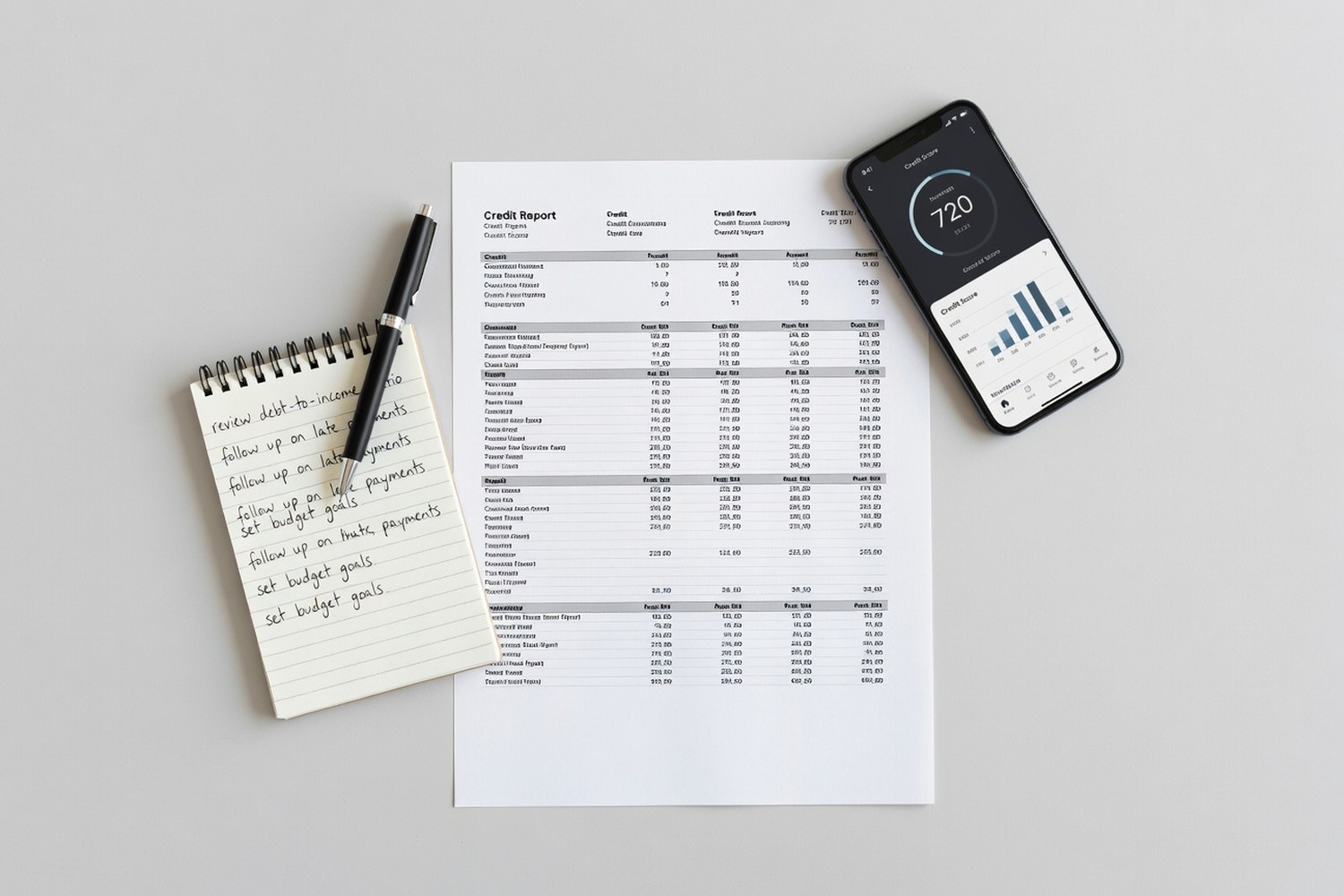 Credit report and smartphone showing credit score on desk for personal loan shopping