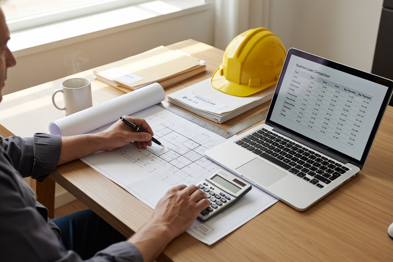 Construction business owner comparing loan options at desk with blueprints
