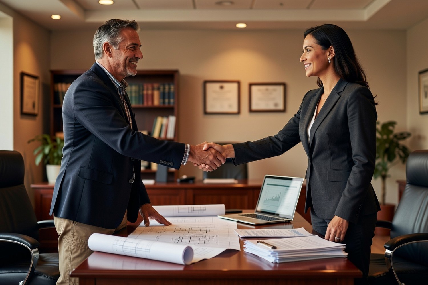 Construction business owner closing on business loan with lender to fund equipment and project growth