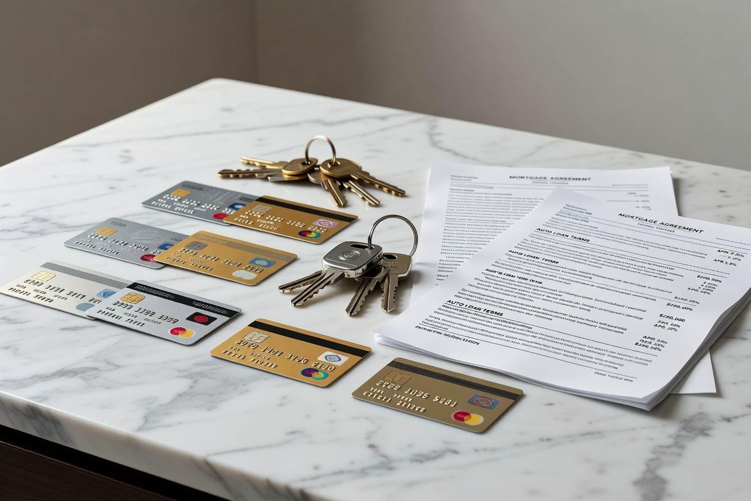 American household finance overview with credit cards, auto loans, and mortgage documents