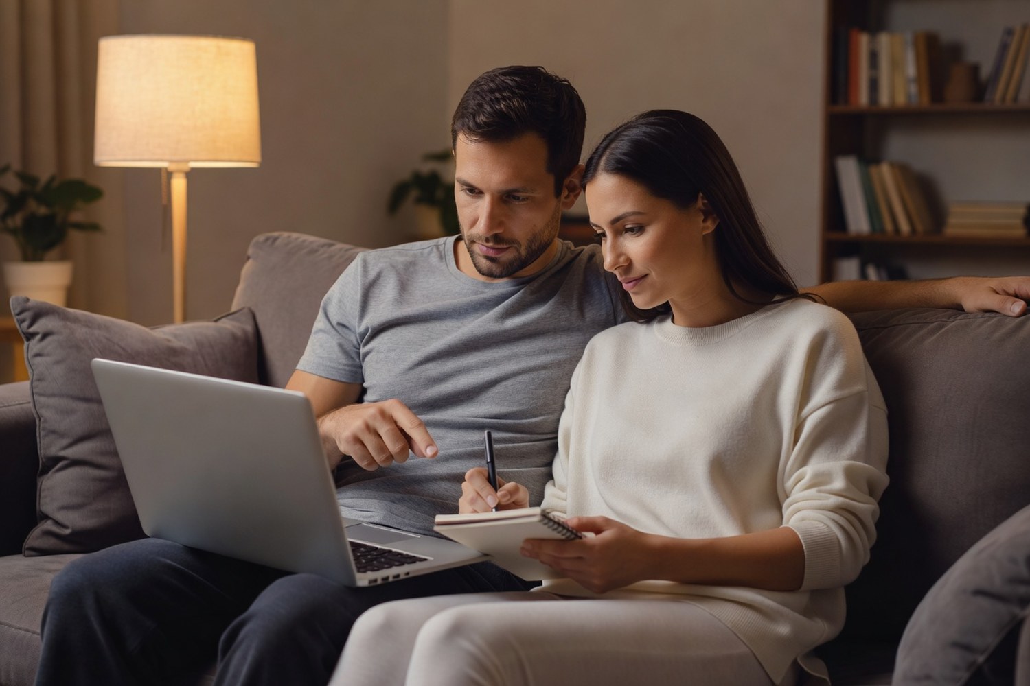 Couple reviewing personal loan offers together on laptop at home