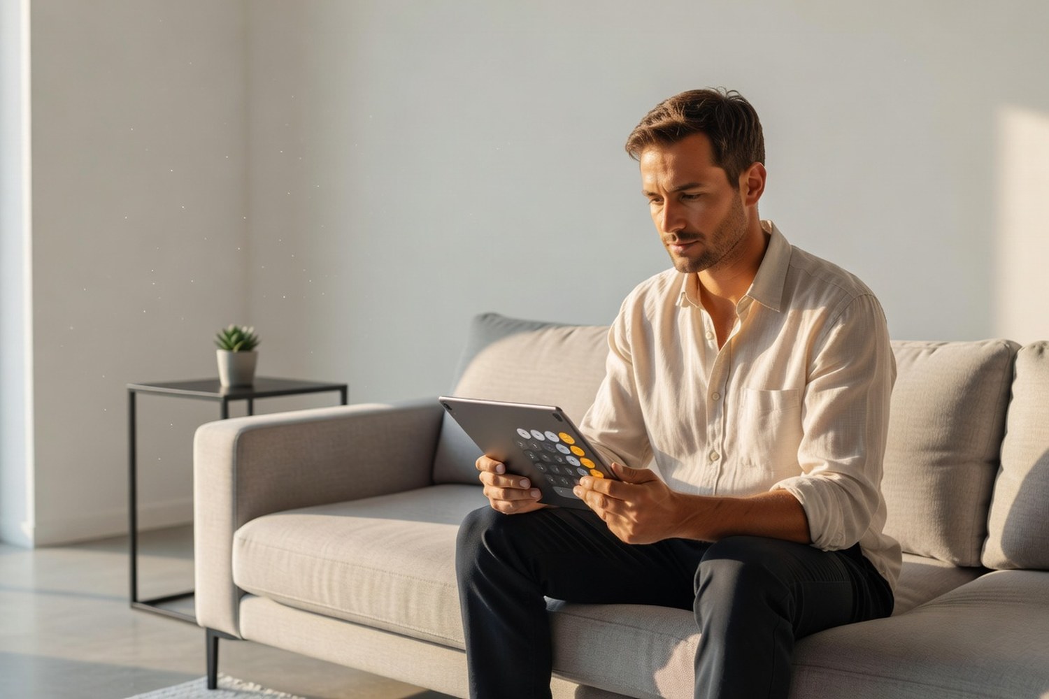 Man calculating credit card consolidation loan savings on tablet at home