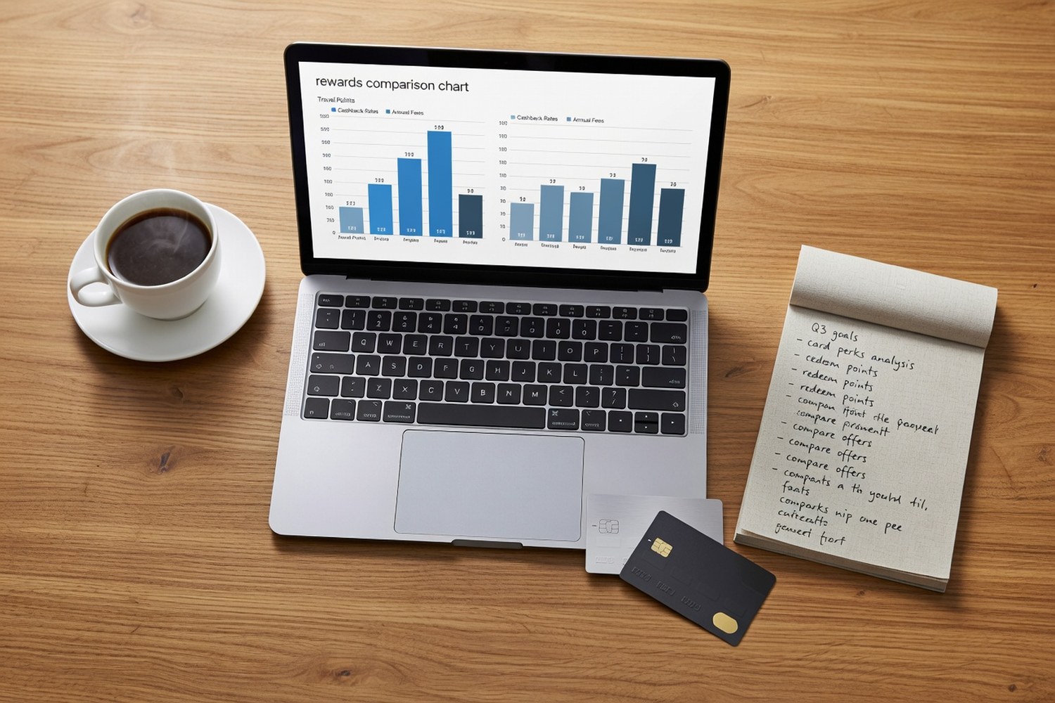 Desk with laptop showing credit card rewards comparison