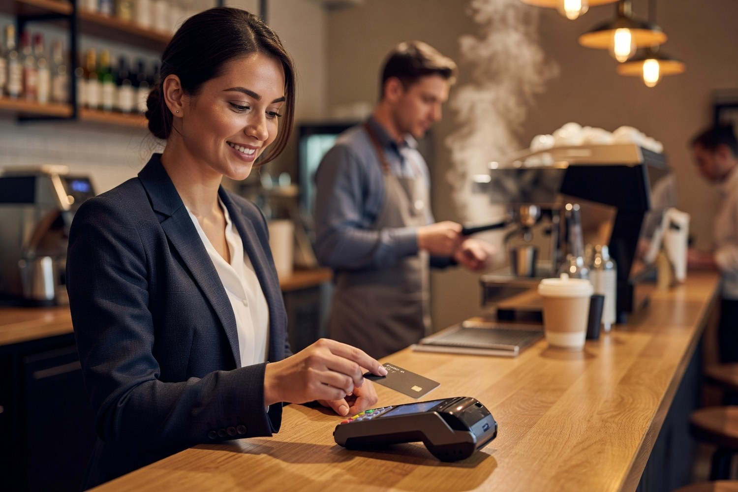 Woman using contactless credit card payment at coffee shop