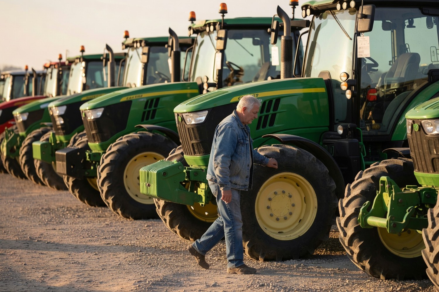 Farmer browsing tractors at equipment dealer representing Currency Finance farm equipment loans