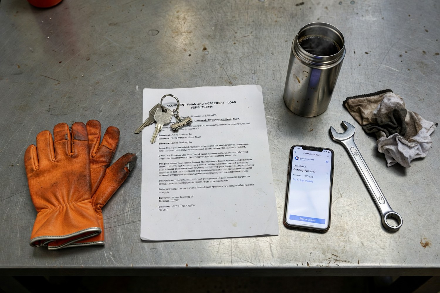 Equipment loan documents on a workshop bench representing the Currency Finance application process