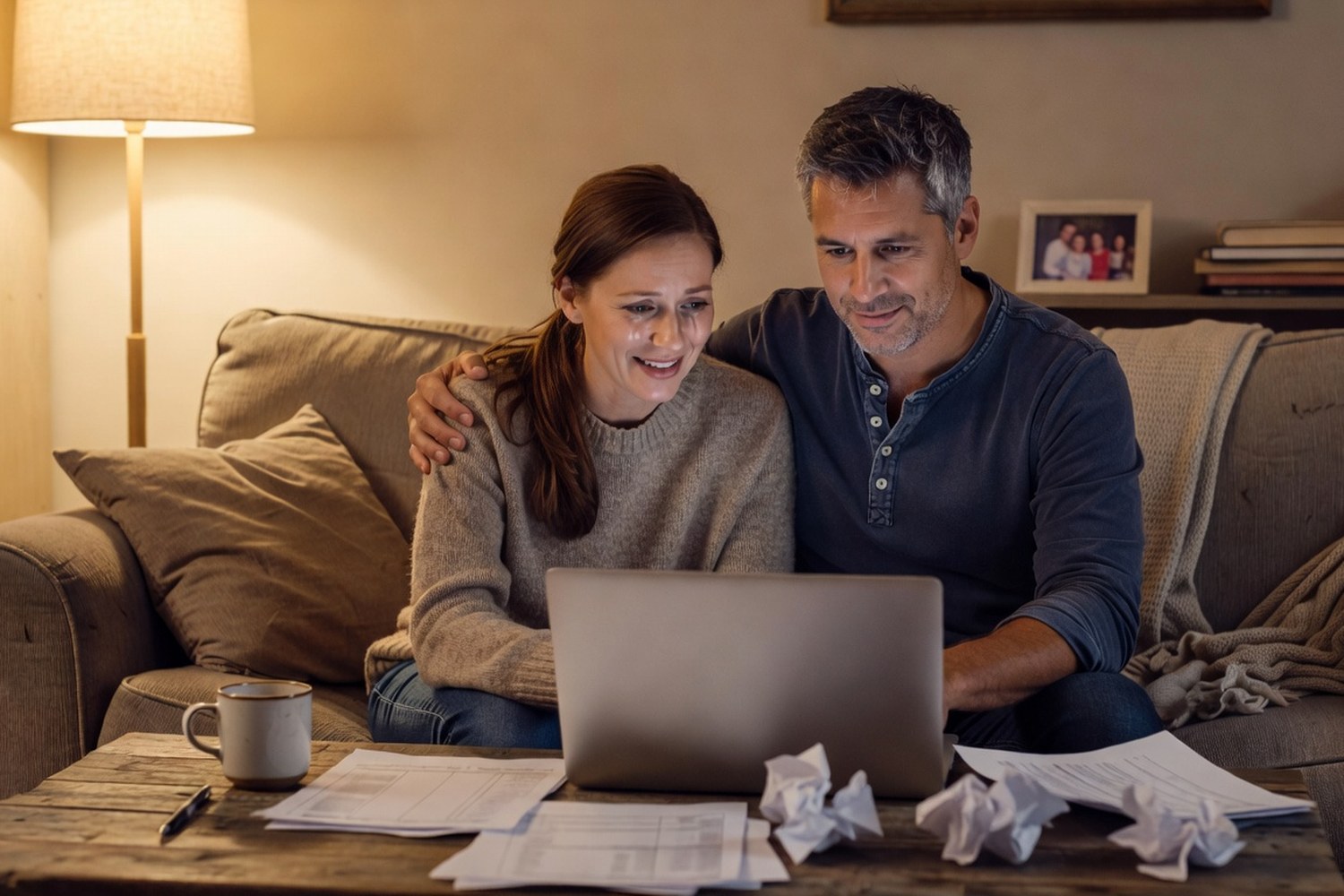 Couple reviewing debt consolidation loan options together on laptop feeling financial relief