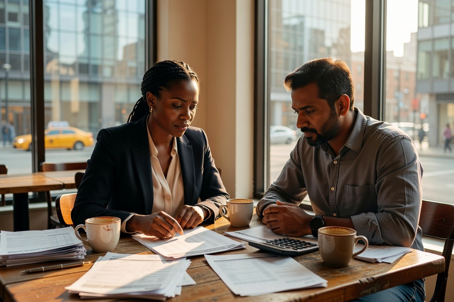 Small business partners discussing emergency financing options over financial paperwork