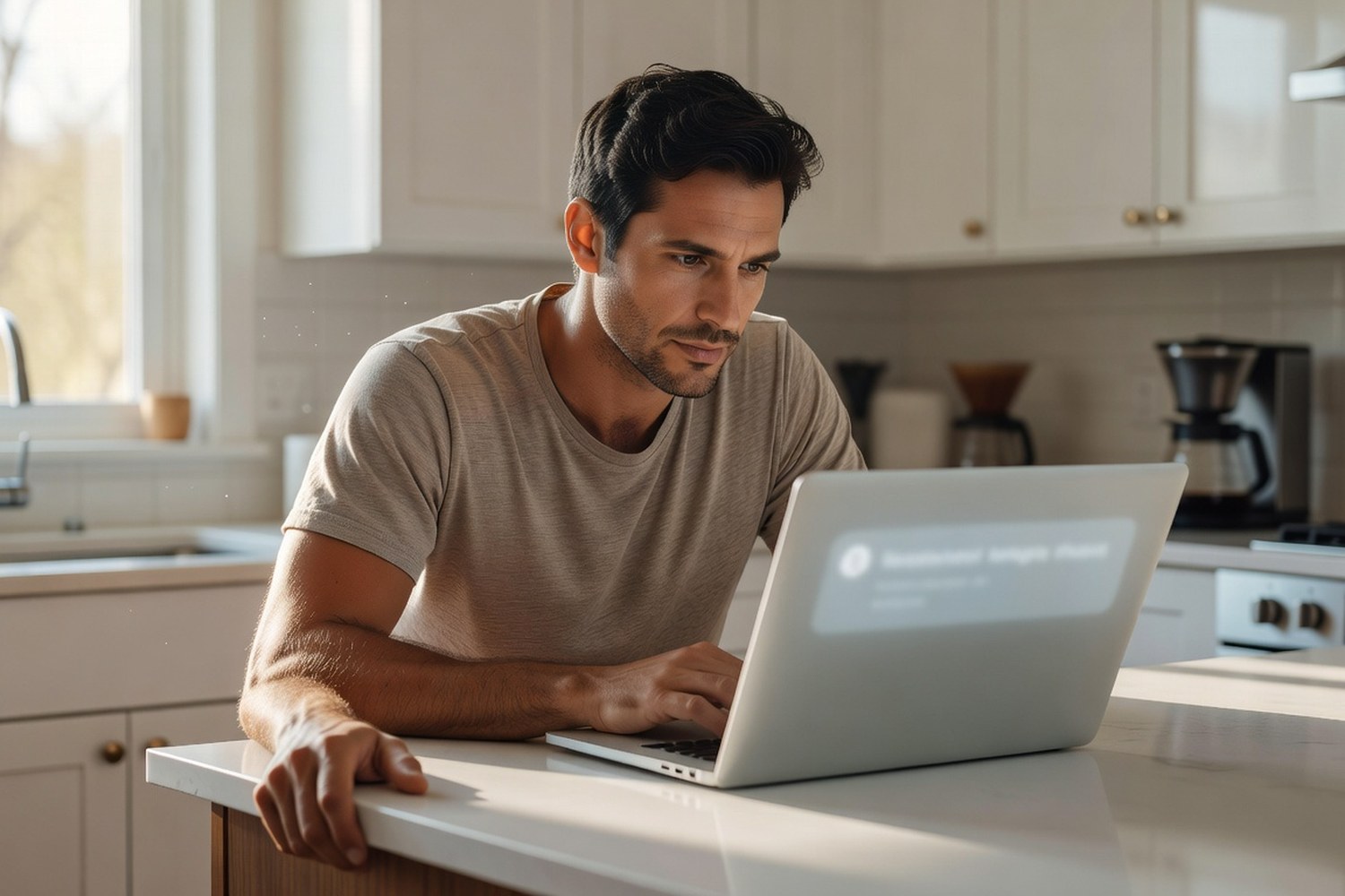 Man receiving fast emergency loan approval notification on laptop with expression of relief