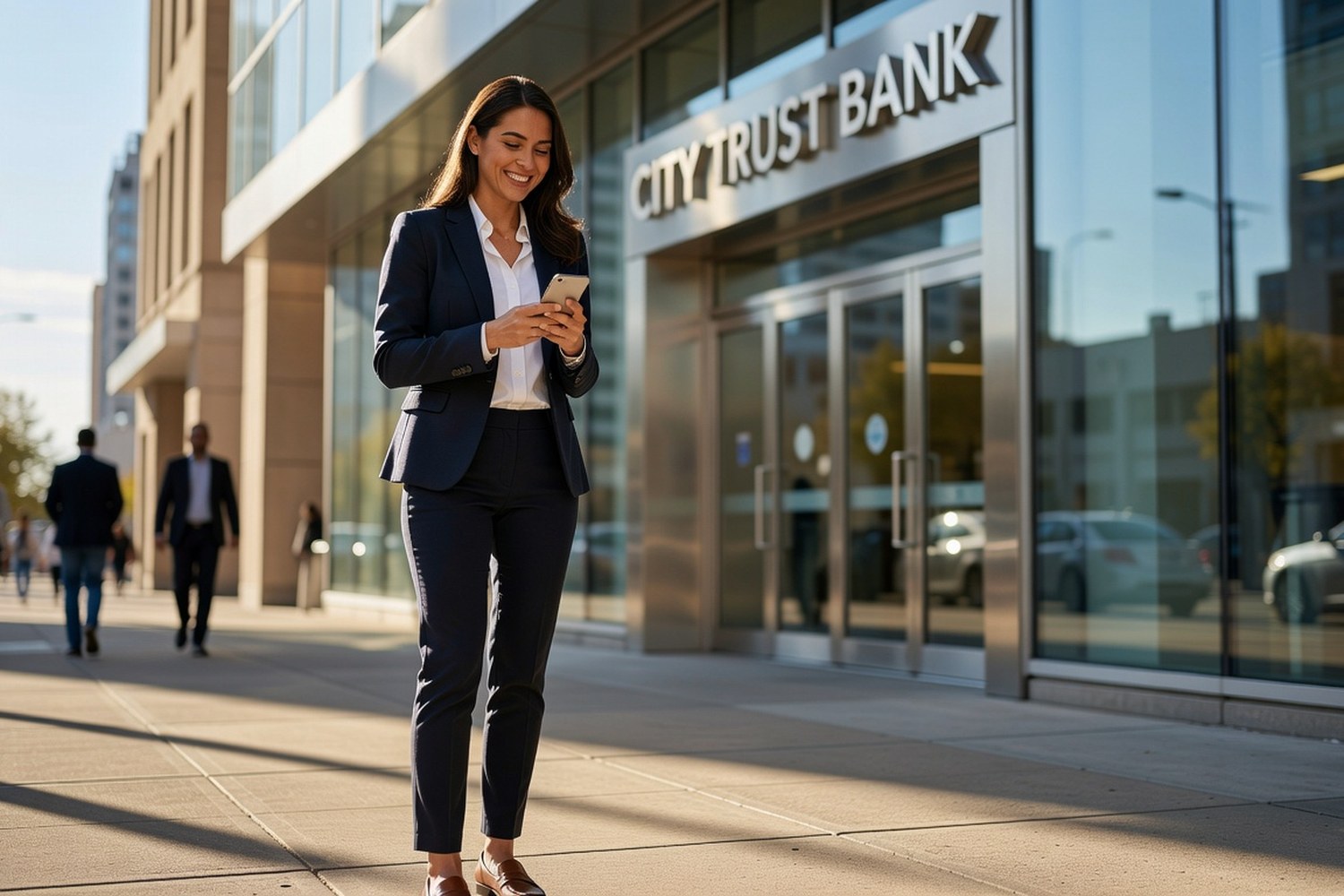 Woman checking credit card approval notification on phone outside bank branch