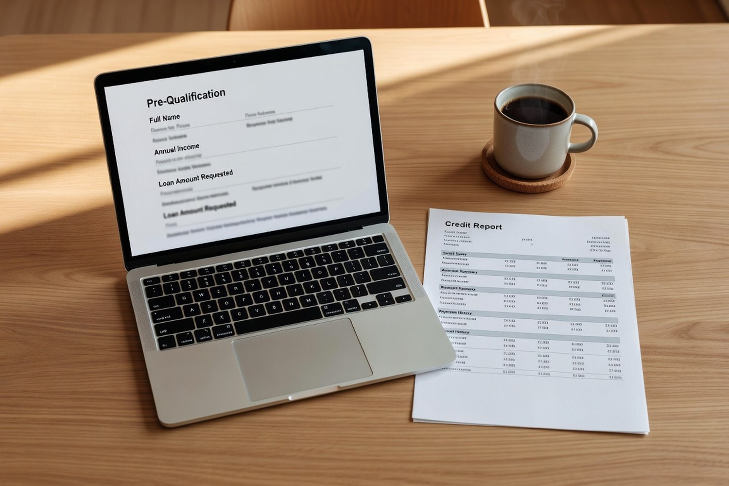 Laptop showing loan pre-qualification form next to credit report for fair credit personal loan application