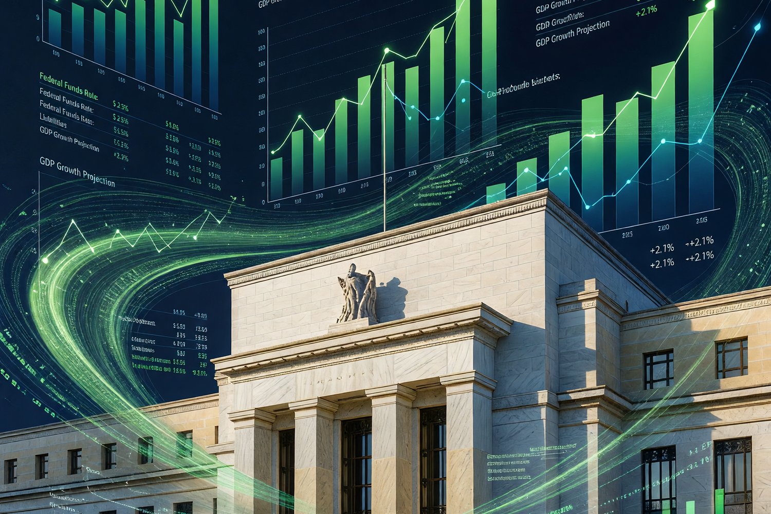 Federal Reserve building with digital financial data charts and balance sheet visualization