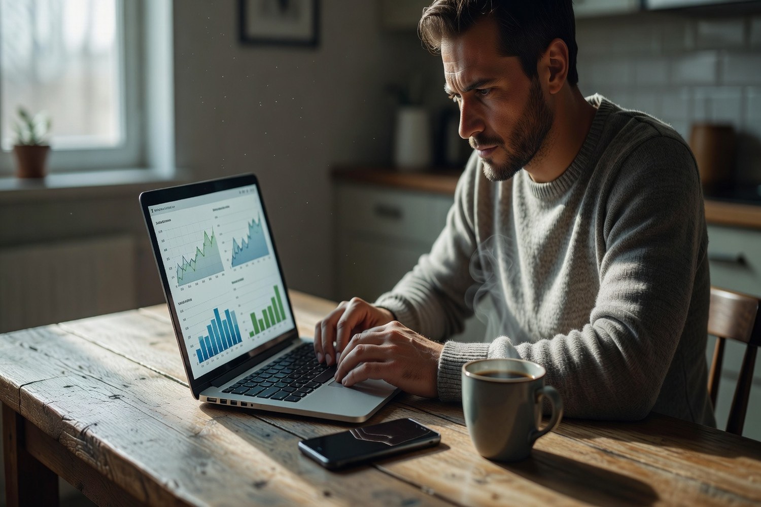 Homeowner comparing HELOC rates and lender options online at kitchen table