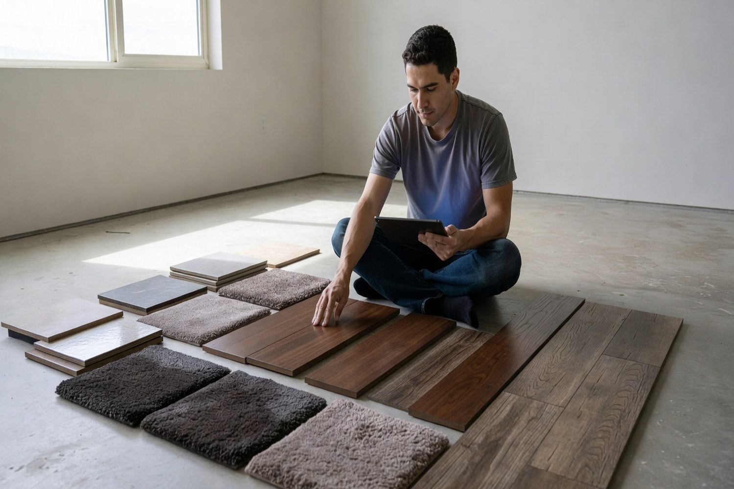 Homeowner comparing flooring samples while considering financing options for new floors