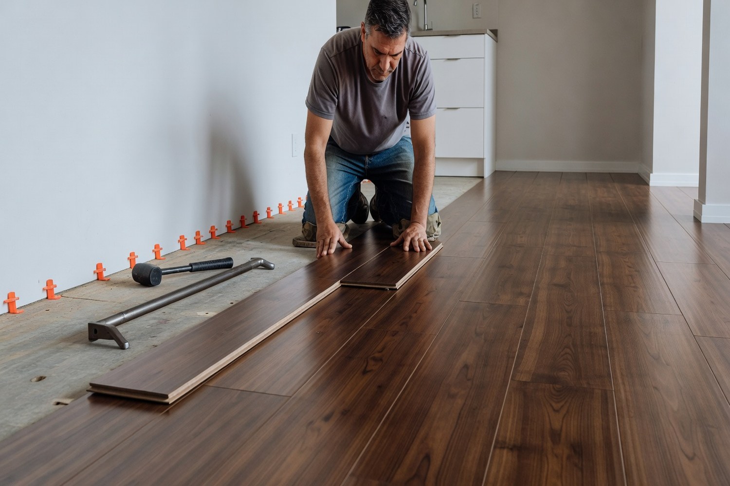Flooring installer laying luxury vinyl plank representing flooring project costs and financing